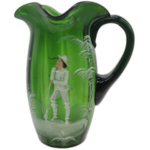 Early Mary Gregory Green Hand Enameled Pitcher Hunting Scene Snapped Pontil